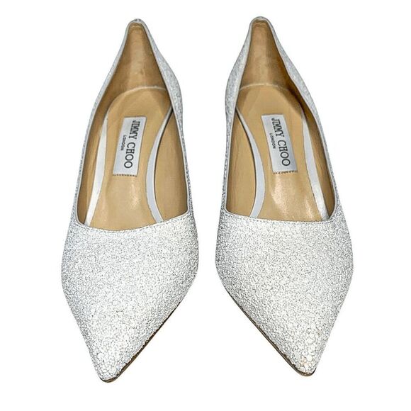 Jimmy Choo Love 85 White Coarse Glitter Heels EU 40.5 Slip On Wedding Pumps - Picture 3 of 13